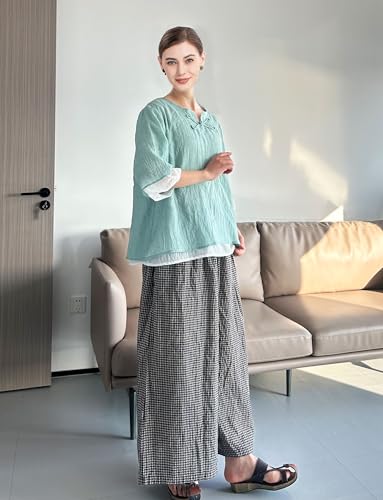 Minibee Women's Cotton Linen Shirts Summer 3/4 Length Sleeve Tops Chinese Frog Casual Blouse3