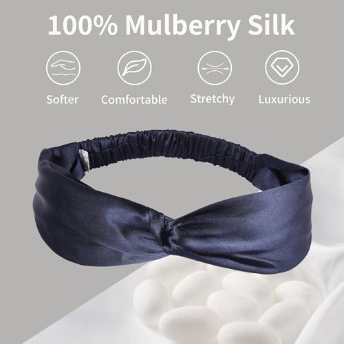 Image of ZLYC Mulberry Silk Headband for Women's Hair Elastic Hairband, Solid Navy
