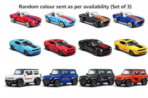 Image of 1:64 Diecast Car Set of 3 - Dodge Challenger Hellcat (Opening Doors), Jimny Off Road SUV & Shelby Cobra 427 S /C - Metal Toy Cars | Mini Collectible Cars for Kids & Collectors
