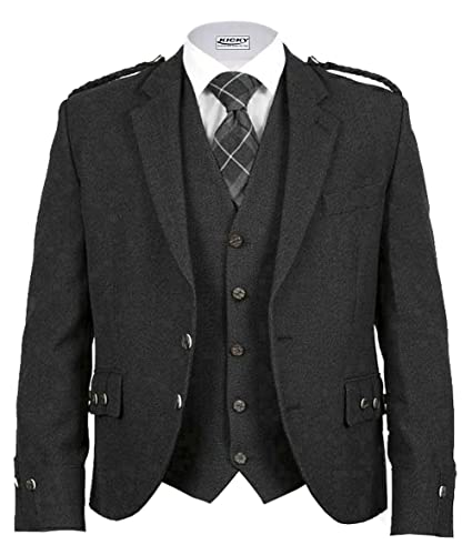 Kicky Argyle Jacket With Waistcoat-Vest 100% Wool, Tweed, Charcoal Grey, Argyle jacket for kilt men, Argyle Kilt Jacket