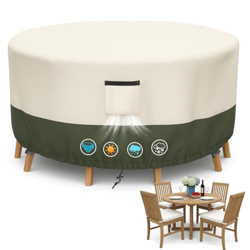 Round Patio Furniture Cover for Outdoor Table and Chairs, Fits Ø160 × 73 cm Round Dining Sets, 420D Oxford Fabric with 4000mm Water-Resistant Protection, Windproof Drawstring and Buckle Straps.