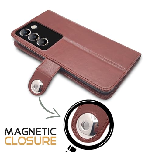 Image of Pikkme Vivo T3 5G / Vivo Y200e 5G Flip Cover Leather Finish | Inside TPU with Card Pockets | Wallet Stand and Shock Proof | Complete Protection Button Flip Case (Brown)