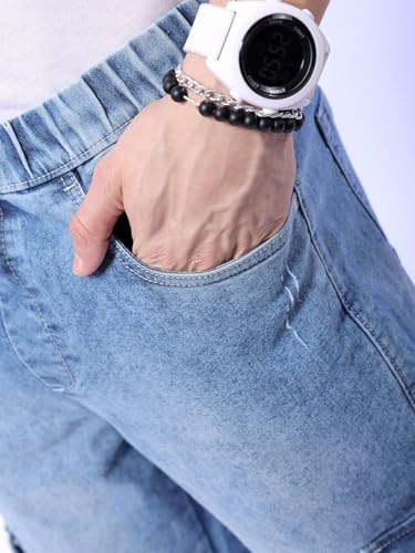 Image of The Indian Garage Co Men Regular Fit Solid Mid-Rise Stretchable Denim Cargo Joggers