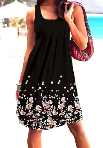 Image of Camisunny Women Casual Loose Tank Dresses Sleeveless Beach Vacation Dress Swing Pleated U Neck Fashion Soft