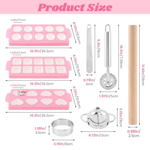8PCS Ravioli Maker Press Set,Ravioli Stamp Maker Cutter with Wood Rolling Pin,Empanada Maker-Press,Ravioli Wheel and Stuffing Spoon,for Homemade Pasta,Dumpling,Pastry Kit(Pink)