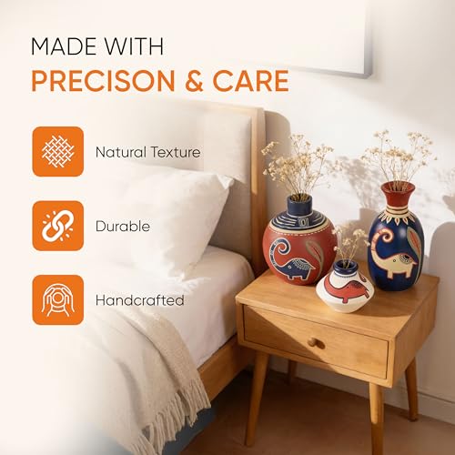 Image of Aakriti Art Creations Happy Elephant Vases Set of 3 in Red, Blue & White | Hand-Painted Madhubani Art Terracotta Flower Vases | Matte Finish Decorative Vases for Living Room, Table Decor & Gifting