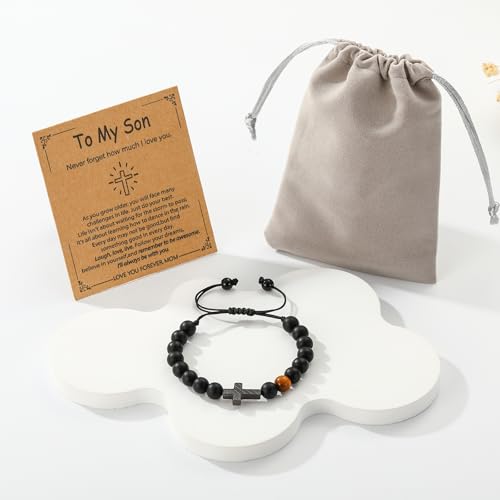 Image of P. BLAKE Cross Bracelet for Boys Men, American Flag Cross Natural Beads Bracelet Christian Religious Birthday Jewelry Gifts for Teen Boys