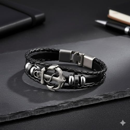 Image of Black Braided Leather Bracelet For Men
