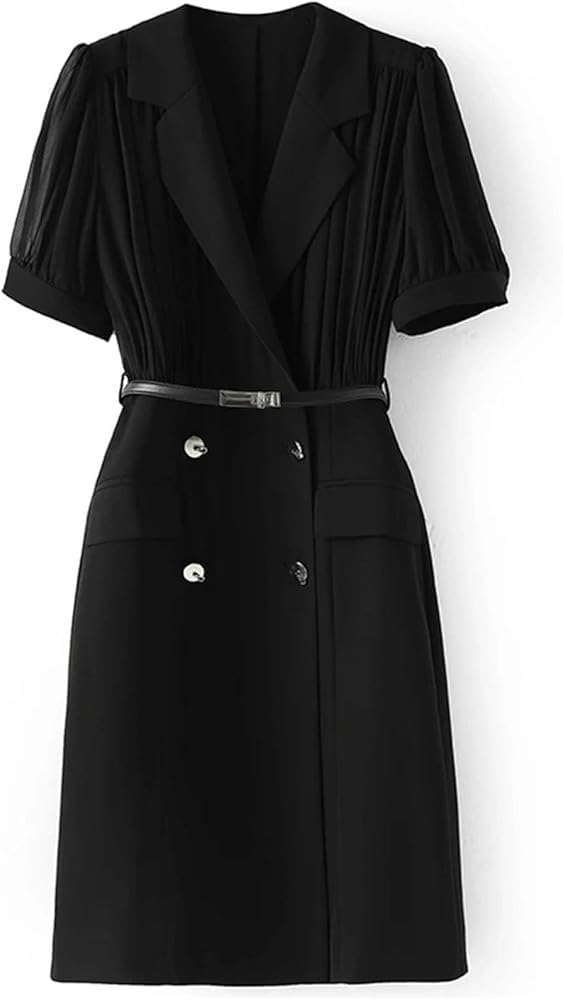 Womens Summer Chiffon Patchwork Dress Short Sleeve Lapel Solid Color Office Work Dresses with Belt