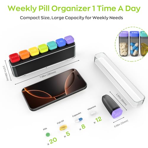 Image of Weekly Pill Organizer 1 Time a Day, HIONXMGA Portable Detachable Travel Pill Box 7 Day, Large Once Daily Pill Holder Case, Color-Coded Dispenser for Vitamin Medicine Supplement Fish Oil, Clear