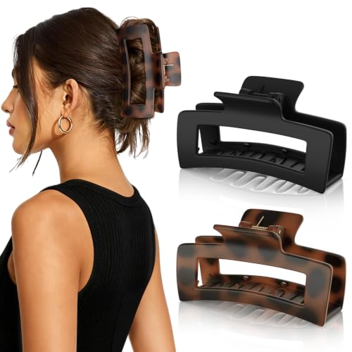 Oeusnael 2 PCS 5 Inch Extra Large Hair Clips for Thick Long Curly Hair - Xl Jumbo Banana Claw Clips for Women Girls, Strong Hold Oversized Jaw clips, Matte Non-slip Hair Accessories, Tortoise & Black