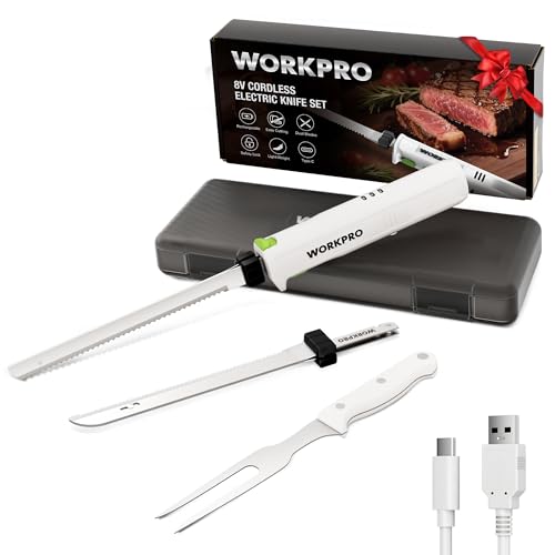 WORKPRO Cordless Electric Knife Set 8V Electric Bread Knife with 2 Stainless Steel Blades & Fork Electric Carving Knife for Steak Ham & Bread Storage Case Included White