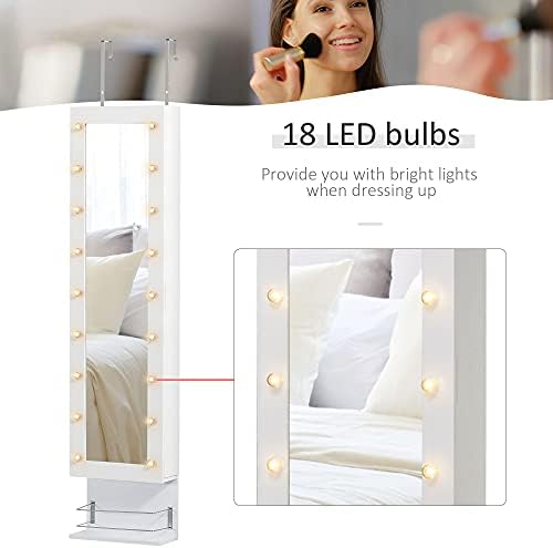 HOMCOM Jewellery Storage Mirror Cabinet Wall Mounted or Door Hanging w/ Hooks Shelves Drawer 18 Lights Brush Holder Vanity Makeup White