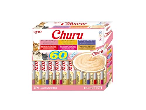 INABA Churu Box - Premios para Gatos - Snacks Saludables a Base de Atún, Varios Sabores - Textura Cremosa - Sin Cereales, Conservantes, Colorantes - 60x14g
