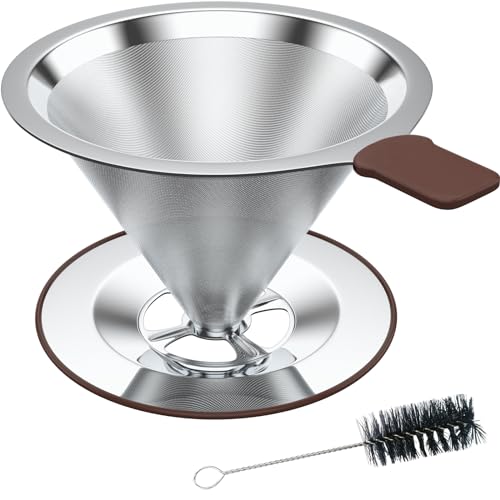 Pour Over Coffee Dripper with Stainless Steel Brew Strainer - Reusable Paperless Coffee Filter for 2-3 Cups, Includes Cup Stand & Cleaning Brush (Mid) Pour Over Coffee Dripper with Stainless Steel Brew Strainer - Reusable Paperless Coffee Filter for 2-3 Cups, Includes Cup Stand & Cleaning Brush (Mid)