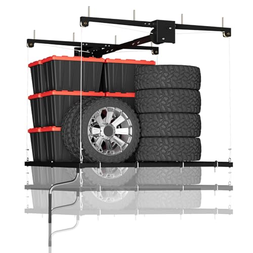 Overhead-Garage-Lifting-Storage-Rack-Maximize-Your-Garage-Storage-with-Our-4x4-Ft-Heavy-Duty-Ceiling-Storage-Rack-System-Supports-350-lbs-Adjustable-Easy-to-Install-for-Optimal-Organization Overhead Garage Lifting Storage Rack, Maximize Your Garage Storage with Our 4x4 Ft Heavy-Duty Ceiling Storage Rack System, Supports 350 lbs, Adjustable & Easy to Install for Optimal Organization - Image 1