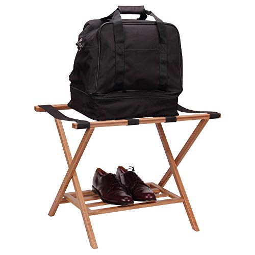 Household-Essentials-Fully-Assembled-Folding-Luggage-Rack-with-Lower-Storage-Shelf-Bamboo-Frame-with-Black-Straps-Brown