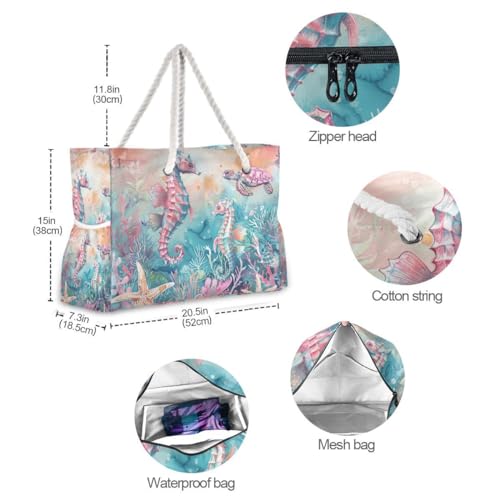 Image of Beach Tote Bags for Women, Turtle Flower Starfish Large Beach Shoulder Bag Pool Bags Purse