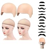 Calva Disfraz Adulto 2 Piezas Gorro Calvo con 12 Bigotes Falsos y Redes Color Piel Accesorio para Carnaval Halloween Teatro Fiesta