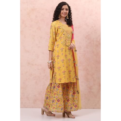 Image of Rangriti Yellow Art Silk Sharara Suit Set For Women