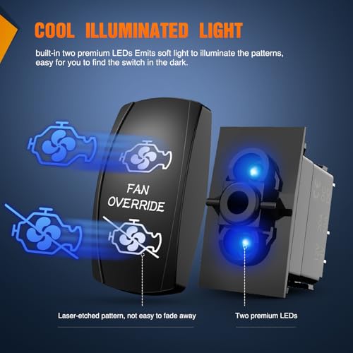 Image of Nilight Fan Override Rocker Switch Led Light Bar 5 Pin Laser On Off | SPST Switches 20A /12V 10A /24V Blue with Jumper Wires Set for Cars Trucks Boats ATVs UTVs RVs