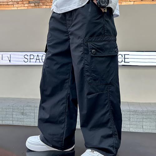 Boys Baggy Cargo Pants Casual Loose Fit Parachute Pant Fashion Harem Joggers Sweatpants with Pockets 13-14 Years 01 Black2