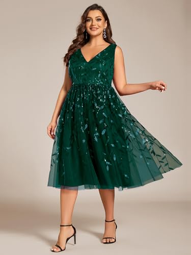 Ever-Pretty A Line V Neck Sleeveless Sequin Plus Size Midi Summer Cocktail Wedding Guest Dresses for Curvy Women 02106-DA3