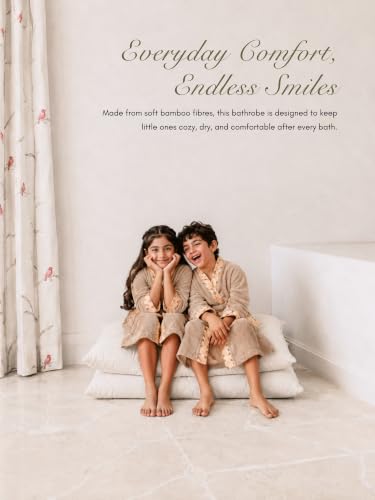 Image of RANGOLI Premium 100% Bamboo Kids Bathrobe, 460 Gsm | Ultra Soft, Hooded Bathrobe For Boys and Girls With 2 Pockets And Attached Adjustable Belt | Gown Bathrobe For Kids From Age 5 To 6 Years | Beige