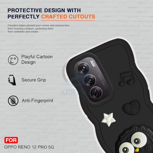 Image of AESTMO Back Case Cover for Oppo Reno 12 Pro 5G | 3D Cute Fun Cartoon Characters | Anti Slip Grip Cute Wave Curly Frame Shape | Full Body Protection Back Cover for Oppo Reno 12 Pro 5G | (Black)