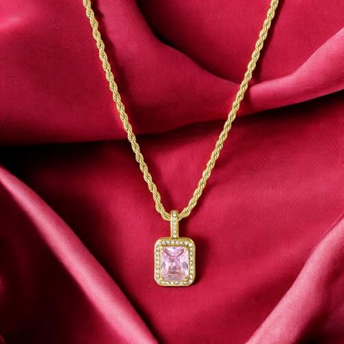 Image of PALMONAS Pink Emerald Geometric Pendant for Women - Gift For Women & Girls, Waterproof & Anti Tarnish Pendant Necklace Jewellery