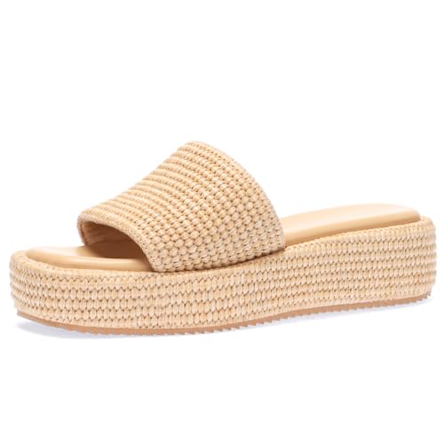 Image of Monrovia Women's Wedge Platform Sandals, Raffia Espadrille Slides, Slip-On Beach Sandals, Lightweight Summer Vacation Shoes Brown Natural Upgrade Size 8.5