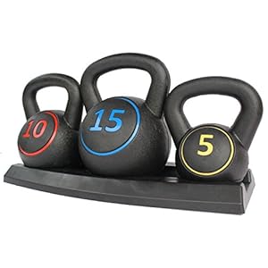 HIONRE 3pce Kettlebell Weight Set with Stand for Cross Training, MMA Training, Home Exercise – 5, 10 & 15lbs (2.2kg, 4.5kg & 6.8 kg), Black (KB01S)