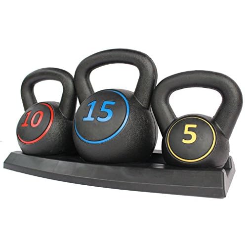 HIONRE Ensemble de poids de kettlebell 3 pièces avec support pour entraînement croisé, entraînement MMA, exercice à domicile – 5, 10 et 15lbs (2,2kg, 4,5kg et 6,8 kg), Noir (KB01S)