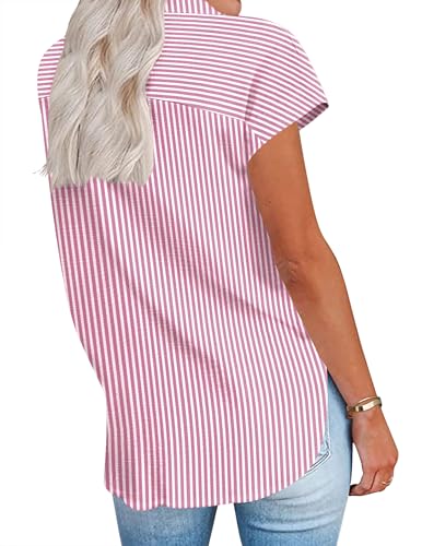 Image of HOTOUCH Button Down Shirts Cotton Pink Striped Dress Shirt Cap Sleeve Collared V Neck Office Work Pink Pinstripes Blouses Summer Soft Tops