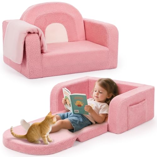 Image of Foryoomi Kids Couch, 2-in-1 Soft Toddler Couch Fold Out with Blanket, Comfy Toddler Chair, Convertible Sofa, Gifts for Kids Girl Boys, Medium Light Pink Rainbow