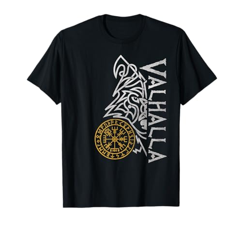 Walhalla Wolf Máscara Odin Runas Brújula nórdica Vikinga Camiseta