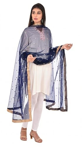 Image of YOUTHQUAKE Women's Net Embroidered Full Size Dupatta With 4 Side Golden Lace