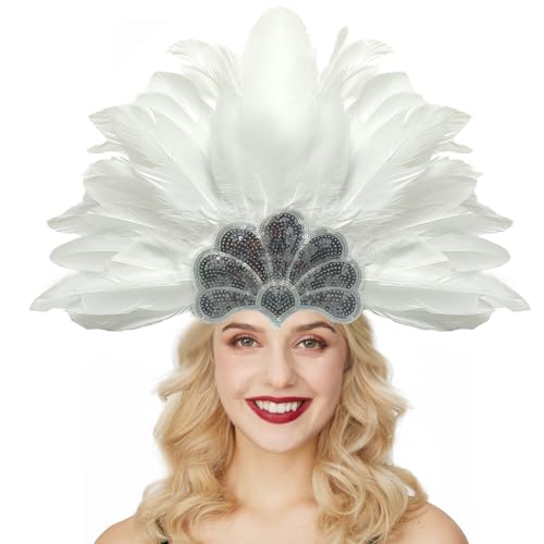 Gionforsy Carnival Headpieces for Women Feather Caribbean Headdress Mardi Gras Accessories 1920s Flapper Headband (White-1, One Size)