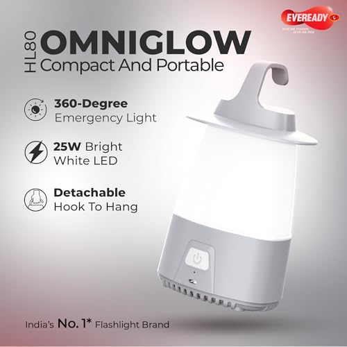 Image of Eveready Omniglow HL80, Rechargeable Emergency Lantern, 25W, Detachable Hook, Sturdy Handle, USB Type-B Charging, 360 Emergency Light, 6 Months Warranty, Pack of 1