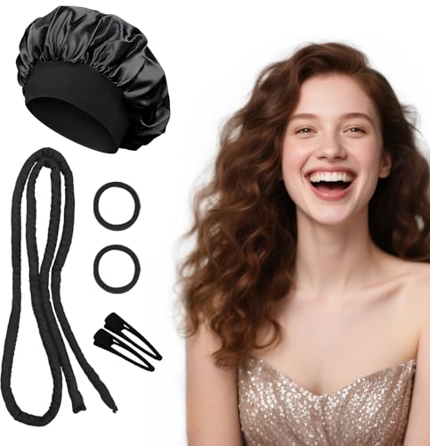 Set bigodini flessibili senza calore per ricci morbidi, regolabile con cuffia in raso, adatto per capelli lunghi e corti, ideale per ricci durante la notte senza calore