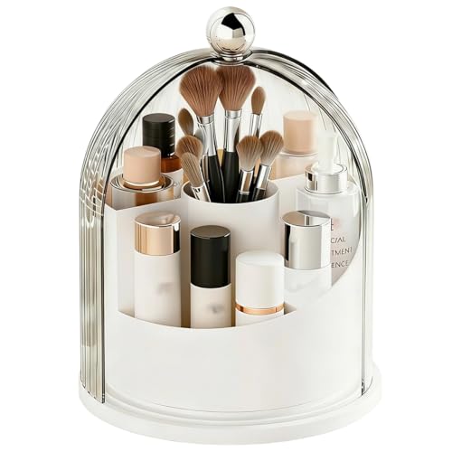 Image of MAYCREATE Rotating Make Up Organiser, Makeup Brush Organiser Holder Cosmetic Makeup Organizer Stand with Clear Dustproof Cover, Multi Compartments Bathroom Vanity Storage Case