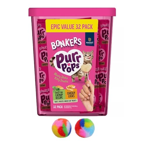 Bonkers Purrpops Freeze Dried Chicken & Catnip Flavor Lollipop Cat Treats Training Treats or Food Topper for All Breeds and Ages Value Pack (32 Pieces) Plus 2 Cat Pom Pom Balls Toy