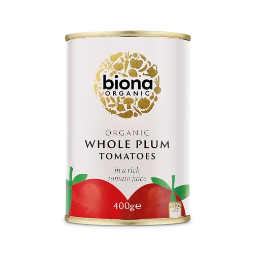 Biona – Ganze geschälte Bio-Pflaumentomaten (12 x 400 g), ohne Verwendung von chemischen Düngemitteln oder Pestiziden, ohne Zusatz von Rohr- oder Rübenzucker, BPA-freie Verpackung