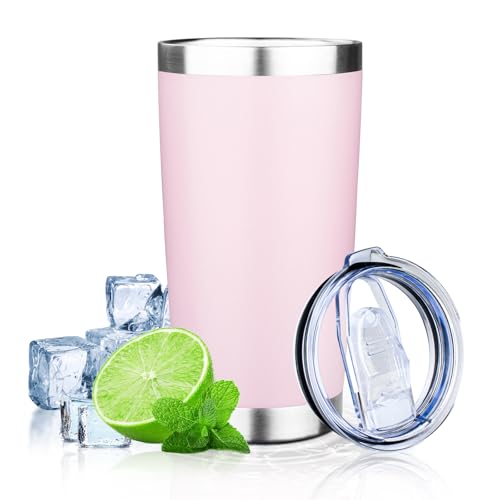 FLIFQI 20oz Tumbler with Lid Double Wall Vacuum Insulated Travel Coffee Mug Stainless Steel Thermal Cup Powder Coated Sturdy Coffee Tumbler Bulk for Hot and Cold Beverage (Pink,1)