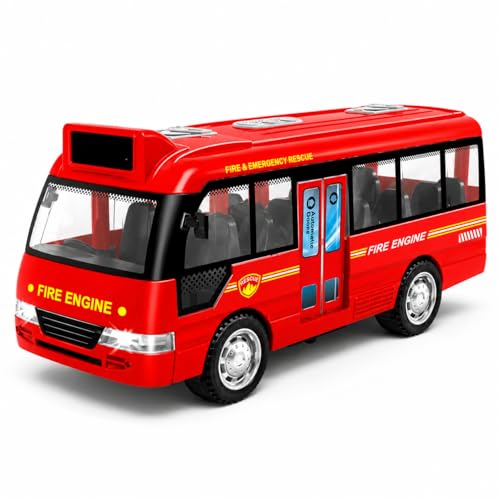 Image of PLUSPOINT Fire Rescue Bus Toy for Kids | Friction Powered Push & Go Vehicle with Lights, Sounds & Opening Doors | Durable Rescue Bus Pretend Play Toy for Boys, Girls & Toddlers