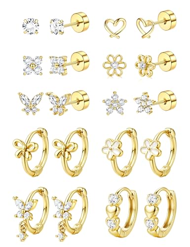 SAILIMUE Hypoallergenic Flat Back Earrings for Girls Women - Cute Toddler Kids Earrings Set Surgical Stainless Steel Earring for Sensitive Ears Small 14K Gold Plated Stud Hoop Earring Stacks
