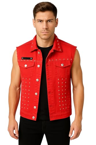 Image of Lazutom Men's Punk Denim Vest Sleeveless Lapel Jean Jackets Waistcoat with Rivets