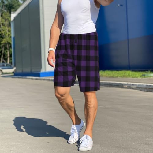 Mens Pajama Pants - Purple Black Plaid Print Cotton Pajama Shorts for Men Shorts Casual, Pj Bottoms Lounge3
