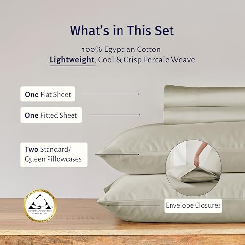 California Design Den Certified 100% Egyptian Cotton Percale Sheets Queen Size Set - Lightweight, Deep Pocket Queen Cotton Sheet Set, Cool, Crisp & Durable Luxury Bedding Set - Beige