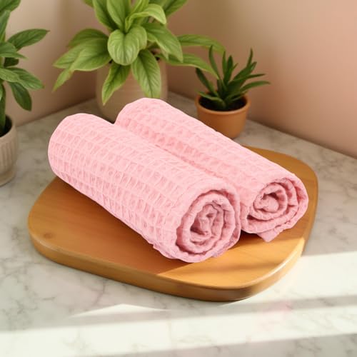 Image of HAMELIN The Ezra Waffle Face Towel Set | Cotton Lightweight Anti Microbial & Water Absorbent | Softer Touch Quick Drying Towels | Durable & Long Lasting | Pink | 31 cm x 31 cm | Pack of 2